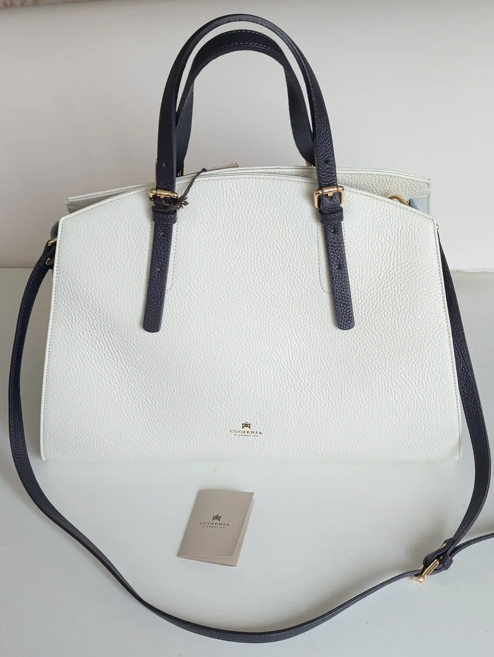 White Pebbled Satchel with Navy Trim by Vuchella